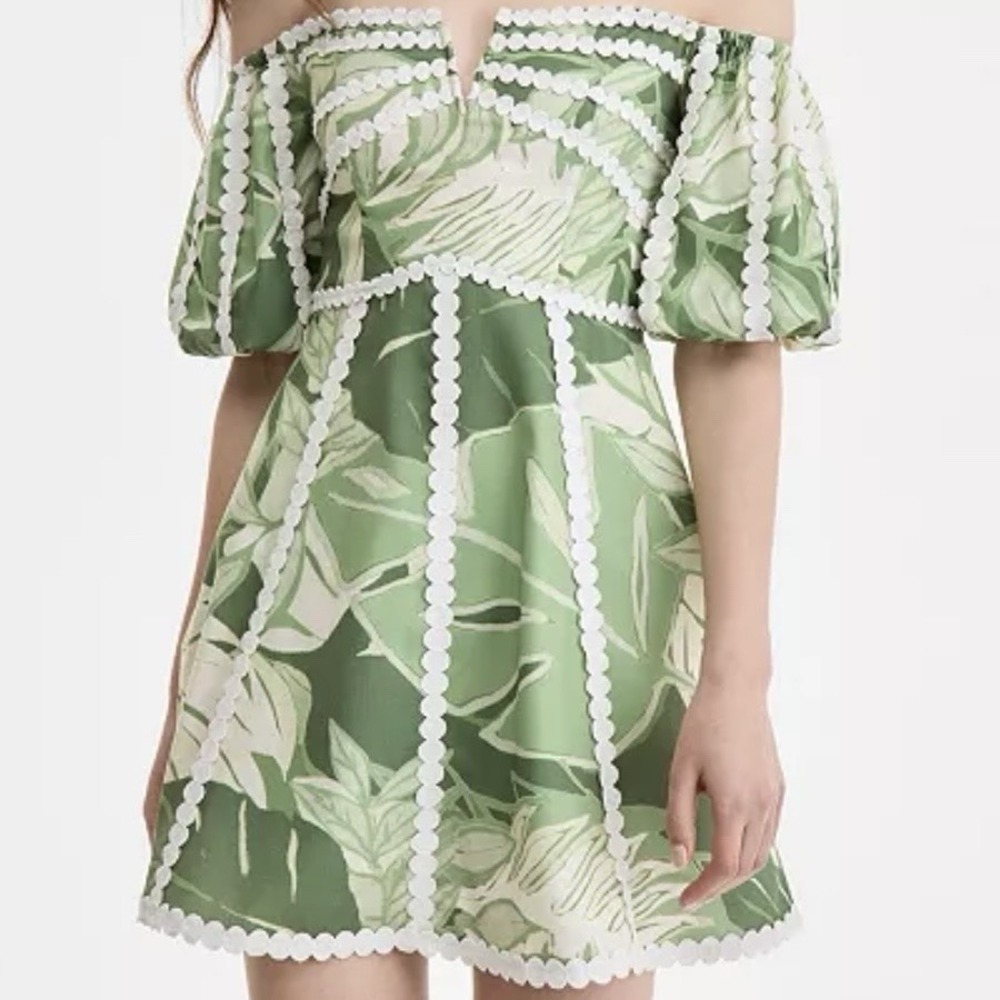 Rachel Roy Circle Trim Puff Sleeve Off Shoulder MiniDress Size 4 Boho Tropicart‎
